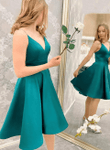 Green Satin V-neckline Short Homecoming Dress, Green Straps Prom Dress