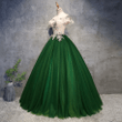 Green Off Shoulder Tulle with Flowers, Green Long Sweet 16 Dress
