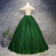 Green Off Shoulder Tulle with Flowers, Green Long Sweet 16 Dress