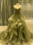 Green Layers Tulle Straps V-neckline Party Dress, Green Long Formal Dress