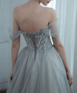 Grey Off Shoulder Sweetheart Beaded Long Party Dress, Grey Tulle Prom Dress