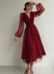 V Neck Long Sleeves Burgundy Tea Length Prom Dress, Wine Red Homecoming Dress