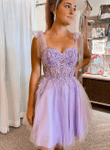 Light Purple Tulle with Lace Prom Dress, Light Purple Lace Homecoming Dress