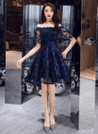 Navy Blue Lace High Low Party Dress Homecoming Dress, Navy Blue Prom Dress