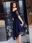 Navy Blue Lace High Low Party Dress Homecoming Dress, Navy Blue Prom Dress