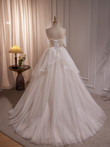 A-line Ivory Beaded Tulle Long Wedding Party Dress, Ivory Tulle Floor Length Prom Dress