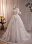 A-line Ivory Beaded Tulle Long Wedding Party Dress, Ivory Tulle Floor Length Prom Dress