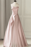 Pink Tulle and Satin A-line Party Dress, Unique Pink Long Prom Dress