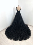 Black Tulle Flowers Lace Straps Long Formal Dress, Black Tulle Evening Dress