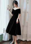 Velvet Tea Length Black Off Shoulder Party Dress, Black Short Wedding Party Dress