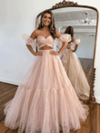 Two Pieces Pink Tulle Long Prom Dress, Strapless Pink Floor Length Party Dress