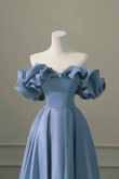 Unique Blue Satin Long Off Shoulder Party Dress, Simple Blue Floor Length Prom Dress