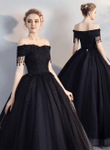 Black Sweetheart with Lace Applique Long Formal Dress, Black Tulle Evening Dress