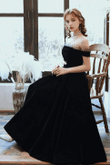 Black Off Shoulder Tea Length Velvet Party Dress, Black Short Homecoming Dress