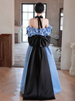 Cute Blue Satin Blue Satin Off Shoulder Long Evening Dress, A-line Blue Prom Dress Evening Dress