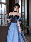 Cute Blue Satin Blue Satin Off Shoulder Long Evening Dress, A-line Blue Prom Dress Evening Dress