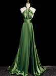 Chic Green Backless Halter Party Dress, Green Long Evening Dress Prom Dress