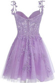 Light Purple Sweetheart Tulle Straps Short Party Dress, Lace Applique Homecoming Dress