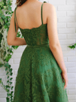 A-line Green Lace Long Prom Dress, Green Lace Straps Sweetheart Evening Dress