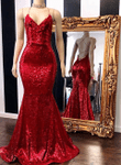 Dark Red Spaghetti Straps Sequins Mermaid Long Prom Dress, Sequins Evening Dress