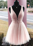 Lovely Pink Tulle Beaded Short Party Dress, Pink Tulle Homecoming Dress