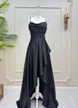 Black Soft Satin High Low Party Dress, Black Straps Homecoming Dress