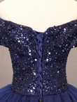 Navy Blue Tulle Sequins Off Shoulder Party Dress, Blue Beaded Sweet 16 Dress