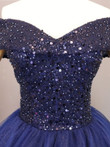 Navy Blue Tulle Sequins Off Shoulder Party Dress, Blue Beaded Sweet 16 Dress