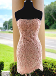 Strapless Pink Lace Appliques Homecoming Dress, Lace Short Prom Dress
