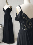 Black Chiffon with Lace Off Shoulder Party Dress, Black Long Bridesmaid Dress