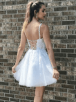 White Tulle with Lace Straps V-neckline Party Dress, A-line White Short Prom Dress