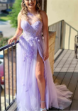 Lavender Tulle One Shoulder Party Dress with Lace, Lavender Long Prom Dress