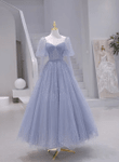 Blue Long sleeves Beaded A-line Long Prom Dress, Blue Formal Dress