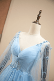 Blue Tulle V-neckline Long Sleeves Party Dress, A-line Blue Prom Dress