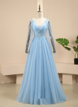 Blue Tulle V-neckline Long Sleeves Party Dress, A-line Blue Prom Dress