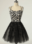 Black Straps Tulle with Lace Short Party Dress, Black Homecoming Dress