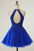 Royal Blue Halter Tulle With Lace Short Party Dress, Royal Blue Homecoming Dress
