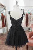 Black V Neck Beaded Tulle and Lace Prom Dress, Black Homecoming Dress