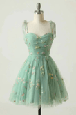 Light Green Sweetheart Floral Straps Party Dress, Light Green Homecoming Dress