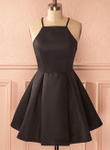 Black Satin Halter Short Party Dress, Black Homecoming Dress Formal Dress