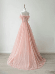 Pretty Light Pink Tulle Off Shoulder Party Dress, Pink Tulle Formal Dress