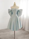 Blue Satin A-line Short Party Dress, Off Shoulder Blue Homecoming Dress