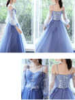 Blue Short Tulle with Lace Homecoming Dress, Blue Puffy Sleeves Prom Dress
