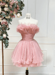 Cute Pink Strapless Tulle Short Prom Dress, Pink A-Line Homecoming Dress