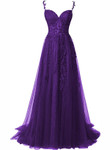 A-line Tulle with Lace Long Party Dress Prom Dress, Purple Tulle Evening Dress