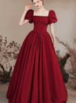 Wine Red Satin A-line Long Short Sleeves Party Dress, Wine Red Evening Dress
