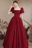 Wine Red Satin A-line Long Short Sleeves Party Dress, Wine Red Evening Dress