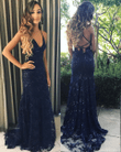 Straps Dark Navy Blue Mermaid Long Prom Dress, Cross Back Long Evening Dress