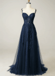 A Line Spaghetti Straps Navy Prom Dress With Appliques, Navy Blue Party Dress