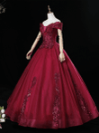 Wine Red Ball Gown Off Shoulder Sweet 16 Dress, Wine Red Tulle Formal Dress